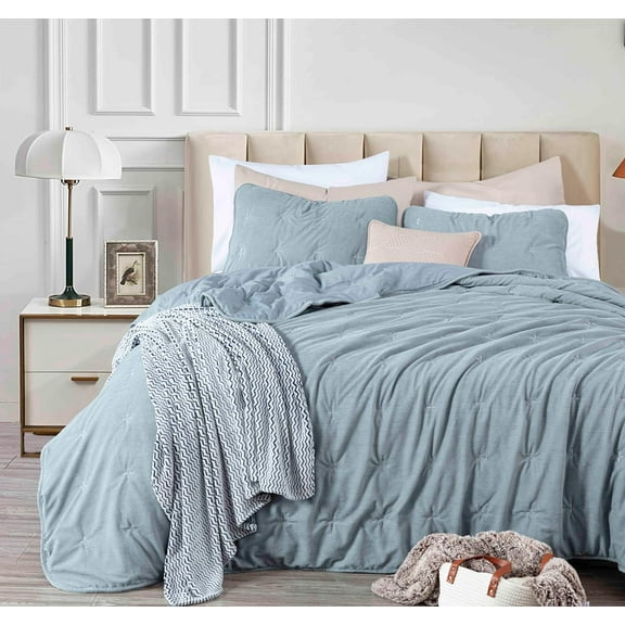 Chezmoi Collection Corduroy King Comforter Set Smoke Blue, 3-Piece Luxury Cross Stitch Soft Plush Warm Polyester Corduory Bedding, 1 Comforter 106 in x 92 in and 2 Pillow Shams 20 in x 36 in