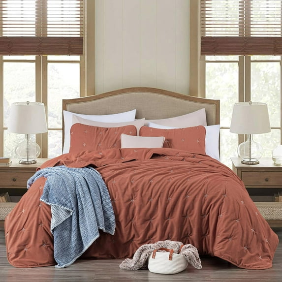 Chezmoi Collection Corduroy King Comforter Set Terracotta, 3-Piece Luxury Cross Stitch Soft Plush Warm Polyester Corduory Bedding, 1 Comforter 106 in x 92 in and 2 Pillow Shams 20 in x 36 in