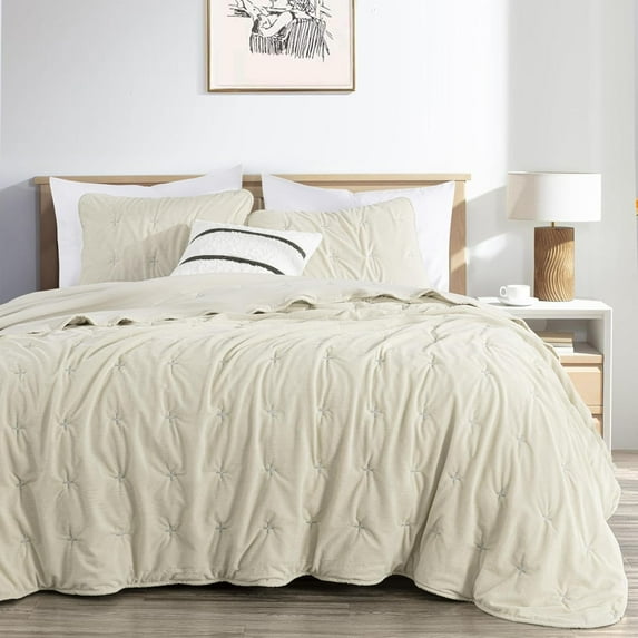 Chezmoi Collection Corduroy King Quilt Set Beige, 3-Piece Luxury Soft Cross Stitch Polyester Corduory Lightweight Bedspread, 1 Quilt 106 in x 94 in and 2 Pillow Shams 20 in x 36 in