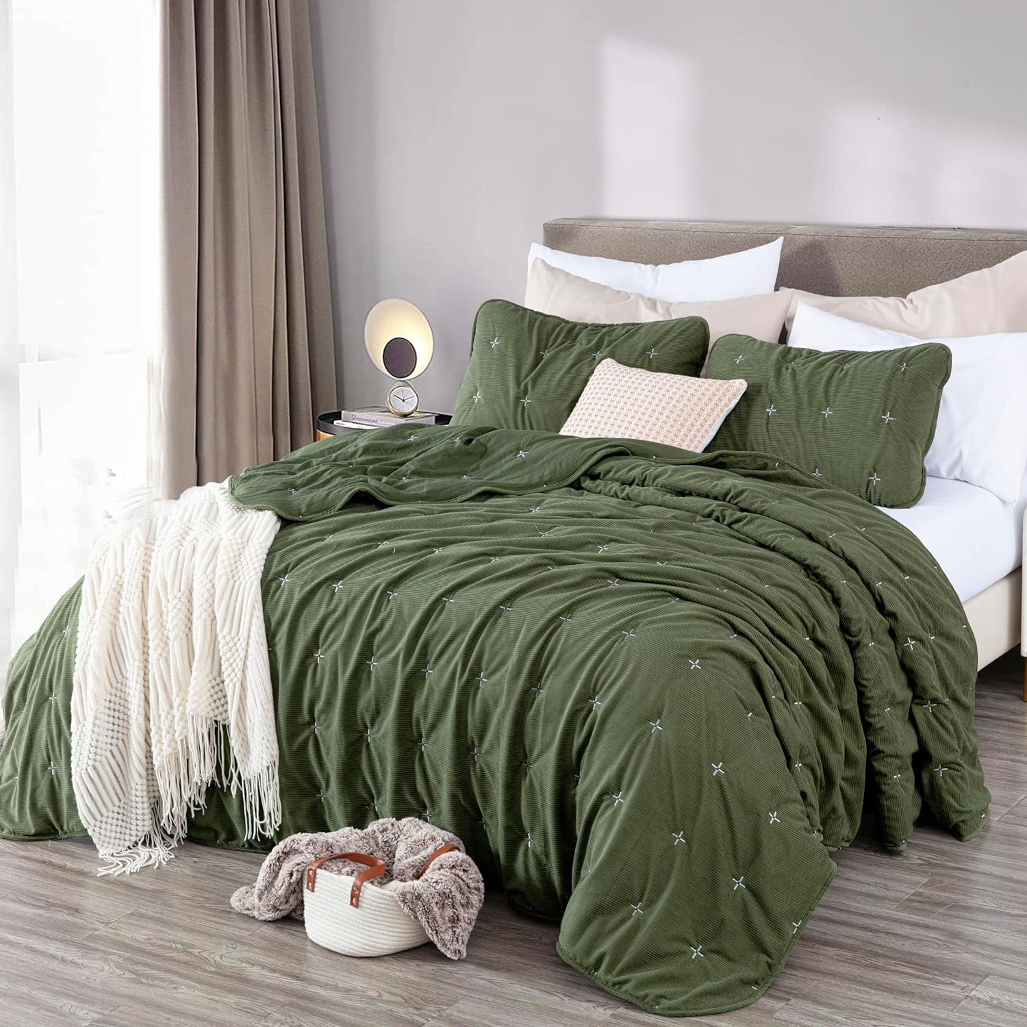 Chezmoi Collection Corduroy King Quilt Set Olive Green, 3-Piece Luxury Soft Cross Stitch Polyester Corduory Lightweight Bedspread, 1 Quilt 106 in x 94 in and 2 Pillow Shams 20 in x 36 in
