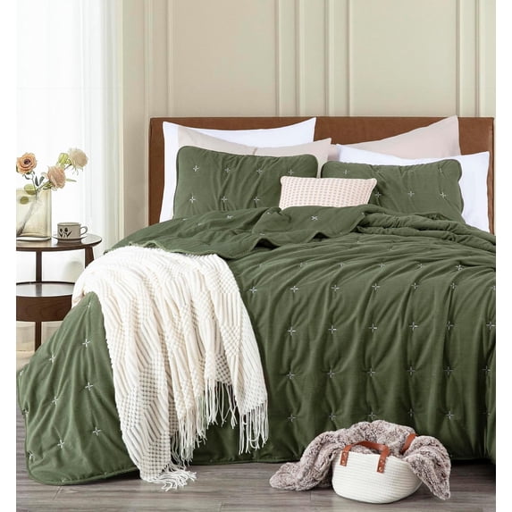 Chezmoi Collection Corduroy Queen Comforter Set Olive Green, 3-Piece Luxury Cross Stitch Soft Plush Warm Polyester Corduory Bedding, 1 Comforter 90 in x 92 in and 2 Pillow Shams 20 in x 26 in