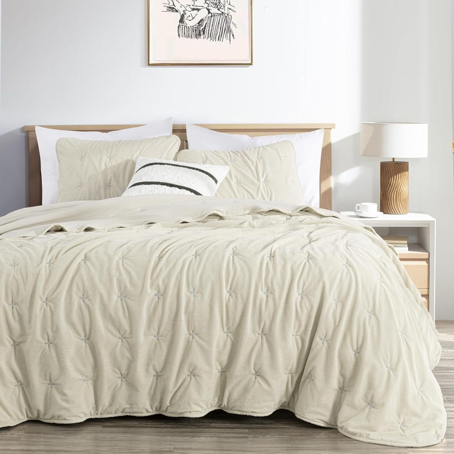Chezmoi Collection Corduroy Queen Quilt Set Beige, 3-Piece Luxury Soft Cross Stitch Polyester Corduory Lightweight Bedspread, 1 Quilt 90 in x 94 in and 2 Pillow Shams 20 in x 26 in