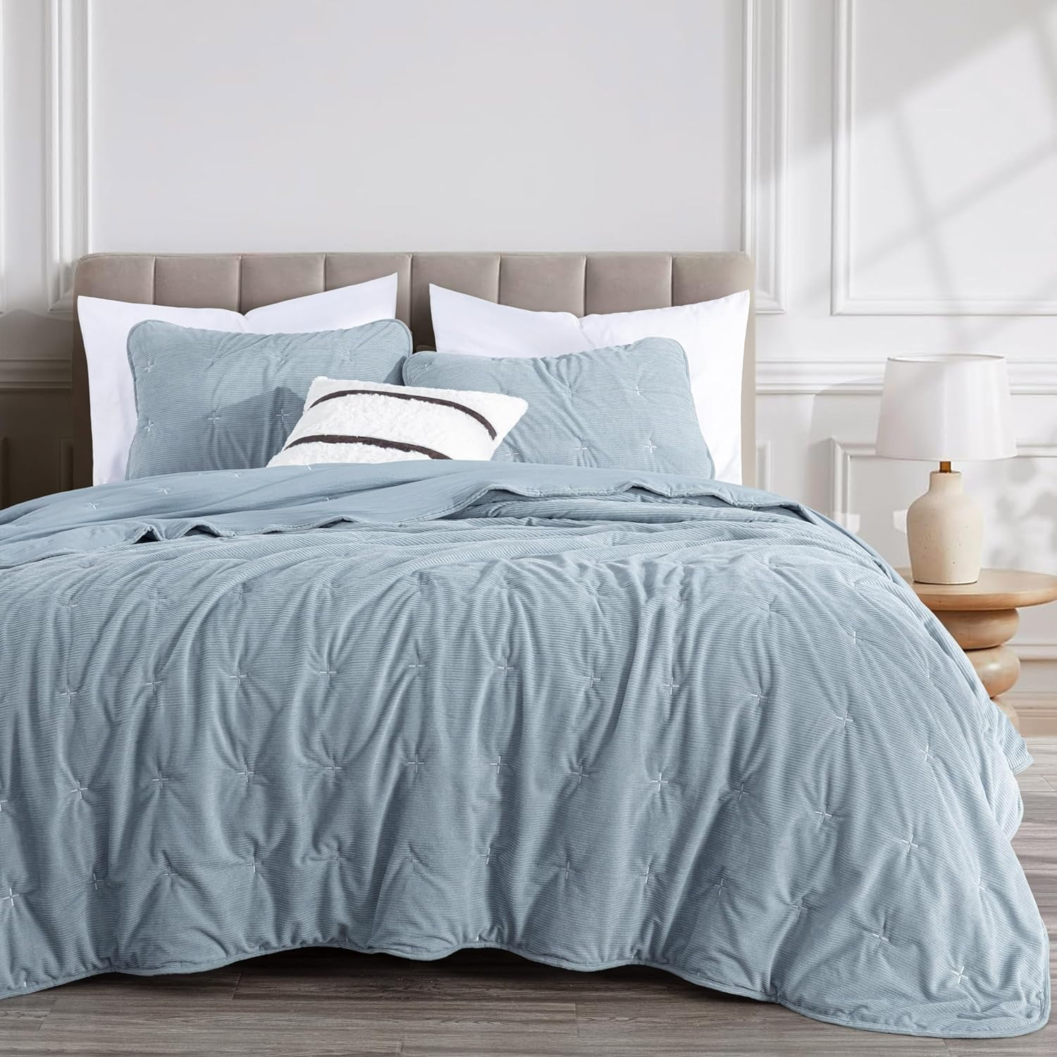 Chezmoi Collection Corduroy Queen Quilt Set Smoke Blue, 3-Piece Luxury Soft Cross Stitch Polyester Corduory Lightweight Bedspread, 1 Quilt 90 in x 94 in and 2 Pillow Shams 20 in x 26 in