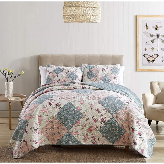Chezmoi Collection Jolie 3-Piece Diamond Floral Patchwork 100% Vintage Washed Cotton Quilt Set, King