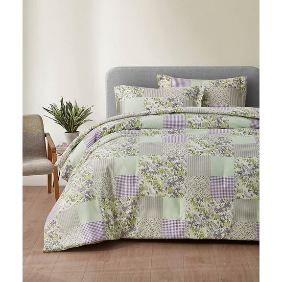 Chezmoi Collection Daisy 3-Piece Printed Patchwork Comforter Set, Purple Butterfly Botanical Candy Stripe Checkered Lightweight Reversible Microfiber Bedding, Queen Size