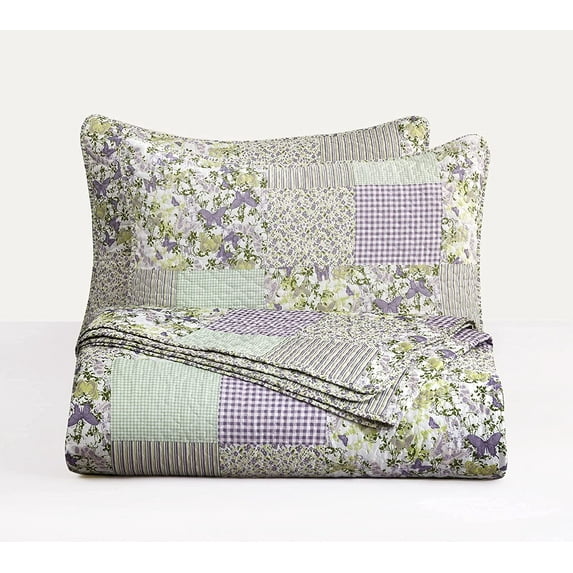 Chezmoi Collection Daisy 3-Piece Printed Patchwork Quilt Set, Purple Butterfly Botanical Candy Stripe Checkered Coverlet, Pre-Washed Microfiber Lightweight Reversible Bedspread, King Size