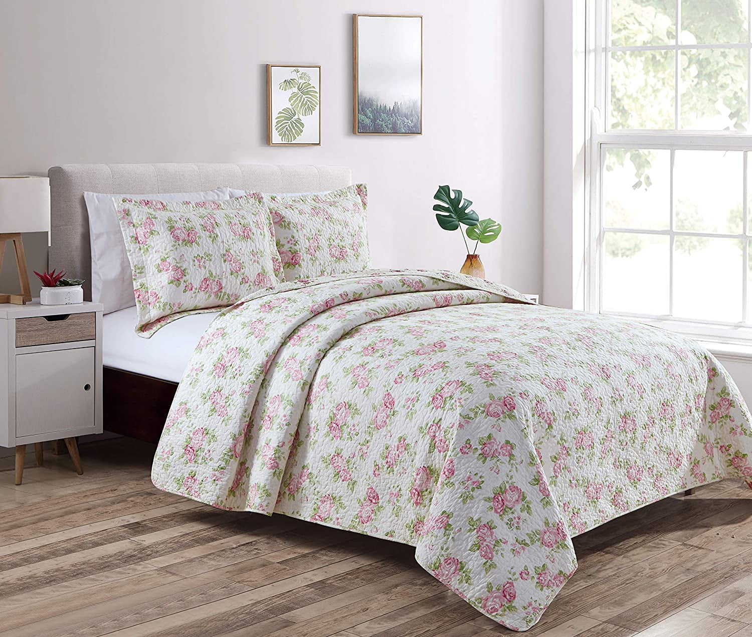 Chezmoi Collection Dakota 3-Piece Printed Pink Rose Cotton Quilt Set, Pink Floral Flower Reversible Stone Washed Lightweight Bedspread, Queen Size