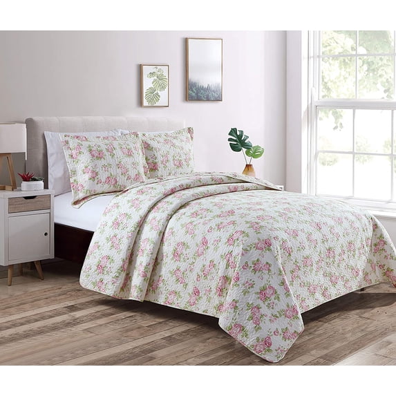 Chezmoi Collection Dakota 3-Piece Printed Pink Rose Cotton Quilt Set, Pink Floral Flower Reversible Stone Washed Lightweight Bedspread, Queen Size