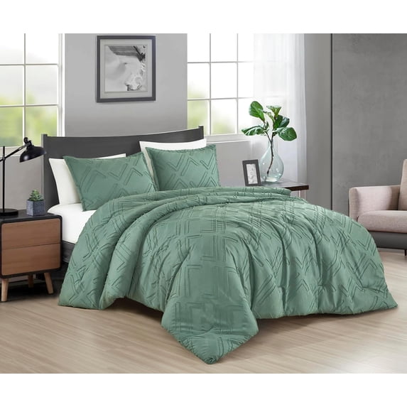 Chezmoi Collection Debroah Green Clip Jacquard Geometric Comforter Set, Twin XL, 2-Piece Striped Pattern Waffle Textured Lightweight Bedding