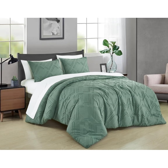 Chezmoi Collection Denise Green Clip Jacquard Geometric 7-Piece Bed in a Bag Comforter Set, King, Striped Pattern Waffle Textured Bedding with Sheets Set