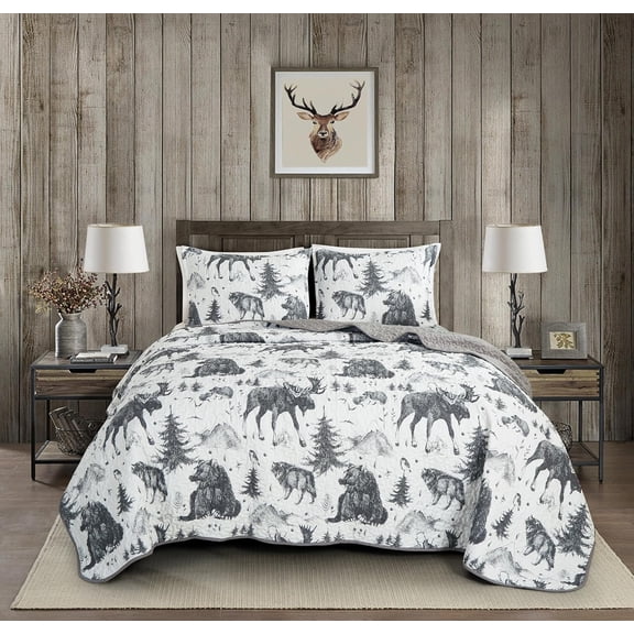 Chezmoi Collection Denver 3-Piece Southwestern Lodge Quilt Set King - White Black Gray Grizzly kklfec Wolves Moose Pine Tree Mountain Printed Microfiber Lightweight Bedspread Set for All Season