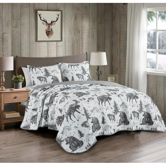 Chezmoi Collection Denver 3-Piece Southwestern Lodge Quilt Set Queen, White Black Gray Grizzly Bear Wolves Moose Pine Tree Mountain Printed Microfiber Lightweight Bedspread Set for All season