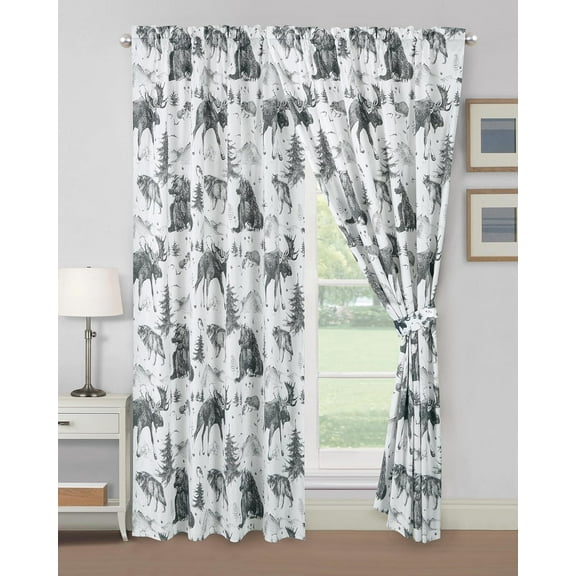Chezmoi Collection Denver 4-Piece Southwestern Lodge Window Curtain Set with Sheer Backing - White Black Gray Grizzly Bear Wolves Moose Pine Tree Mountain Printed Microfiber, 120 inch x 84 inch
