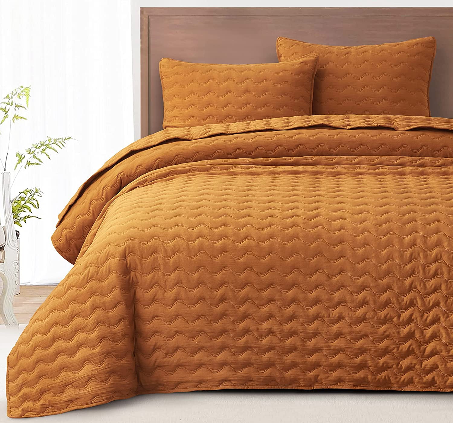 Chezmoi Collection Destiny 3-Piece Spice King Size Quilt Set - Stone-Washed Soft Microfiber Lightweight Quilted Bedspread Coverlet Set for All Seasons Wavy Line Stitching