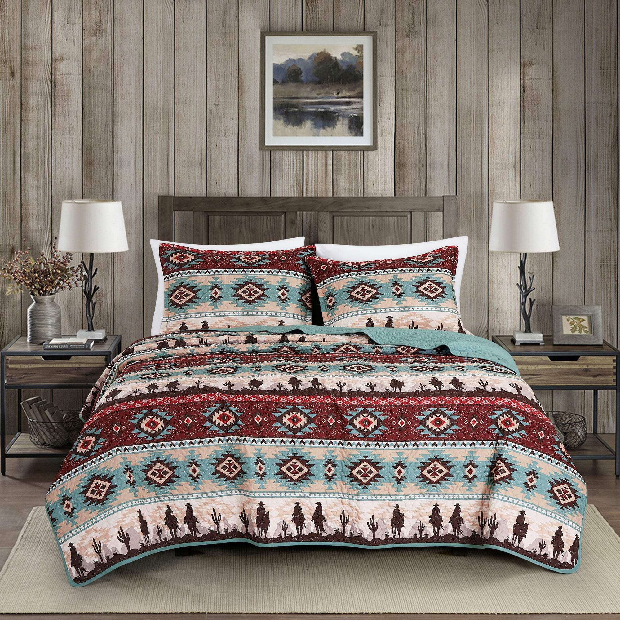 Southwestern Cowboy Aztec Multicolor Microfiber King Quilt Set