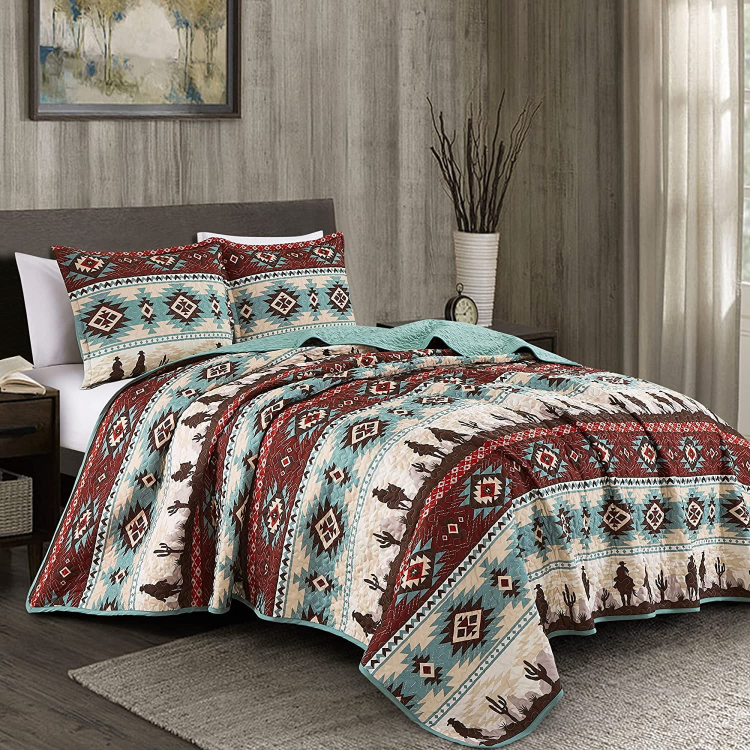 Southwestern Cowboy Aztec Multicolor Microfiber King Quilt Set