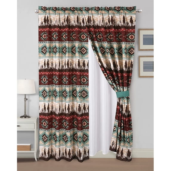 Chezmoi Collection Dune 4-Piece Southwestern Cowboys Aztec Window Curtain Set with Sheer Backing, Multicolor Teal Brown Beige Tan Red, 120 inch x 84 inch