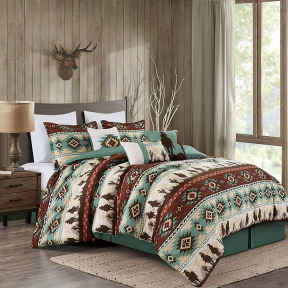 Chezmoi Collection Dune 7-Piece Southwestern Cowboys Comforter Set, Multicolor Teal Brown Beige Tan Red Printed Washed Microfiber Bedding, California King