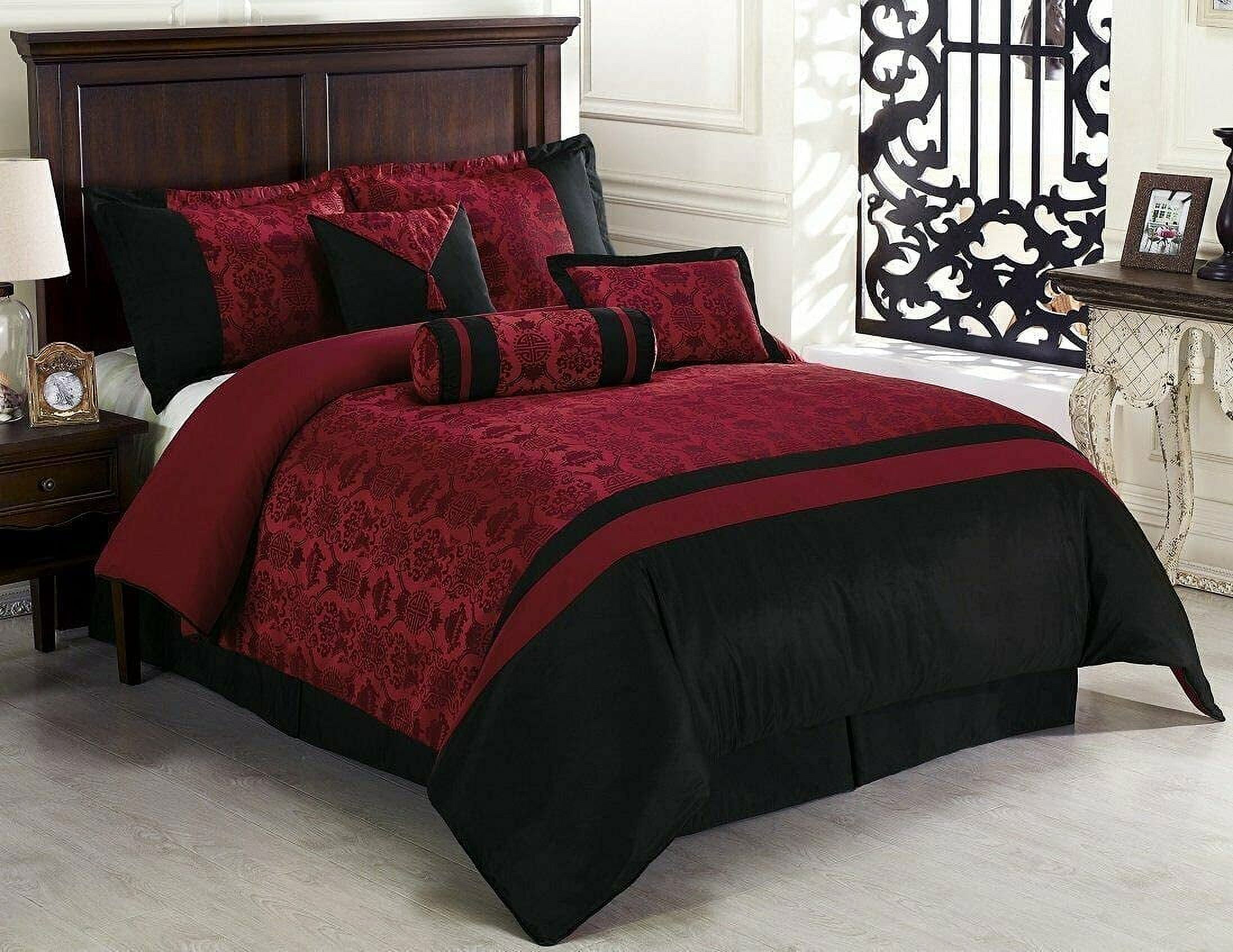Full Red and Black Jacquard 7-Piece Comforter Set
