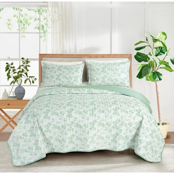 Chezmoi Collection Elder 3-Piece Floral Leaves Quilt Set King, Green White Leaves Printed Microfiber Lightweight Bedspread Set for All season