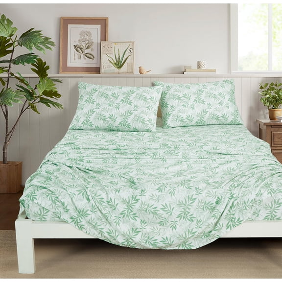 Chezmoi Collection Elder 4-Piece Floral Leaves Bed Sheet Set, Green White Leaves Printed Microfiber 14-Inches Deep Pocket Sheets & Pillowcases Set, Queen