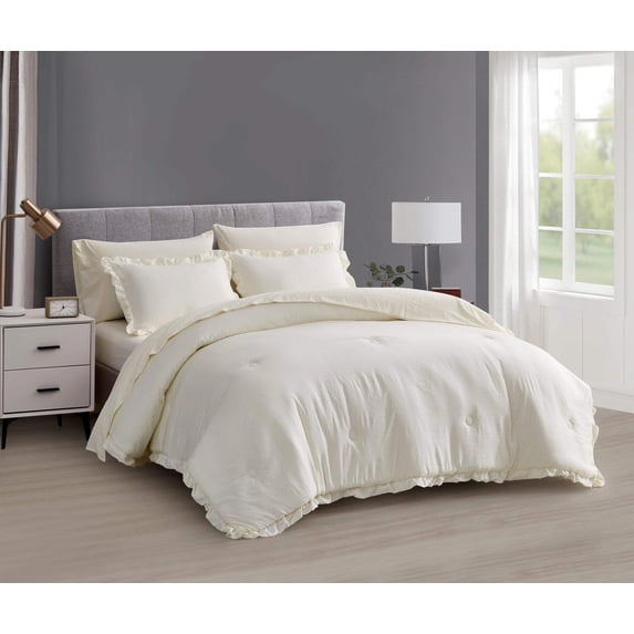 Chezmoi Collection Eleanora 5-Pieces Bed in a Bag Comforter Set with Sheets, Ruffled Edge Trim Double Brushed Microfiber Lightweight All Season Bedding Set, Twin, Ivory