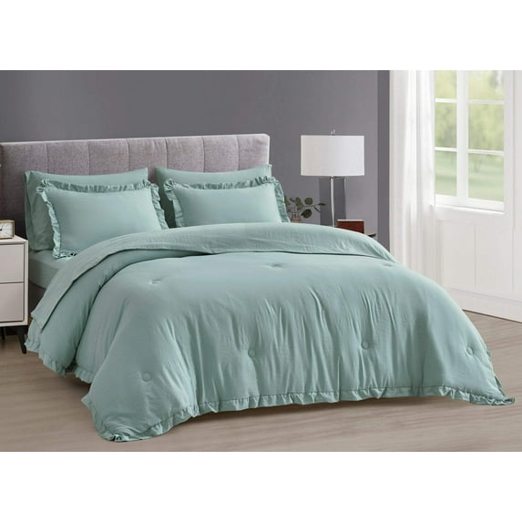 Chezmoi Collection Eleanora 7-Pieces Bed in a Bag Comforter Set with Sheets, Ruffled Edge Trim Double Brushed Microfiber Lightweight All Season Bedding Set, Full, Aqua