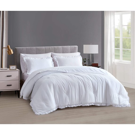Chezmoi Collection Eleanora 7-Pieces Bed in a Bag Comforter Set with Sheets, Ruffled Edge Trim Double Brushed Microfiber Lightweight All Season Bedding Set, King, White