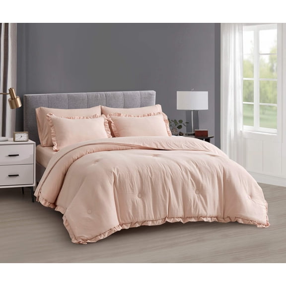 Chezmoi Collection Eleanora 7-Pieces Bed in a Bag Comforter Set with Sheets, Ruffled Edge Trim Double Brushed Microfiber Lightweight All Season Bedding Set, King, Blush Pink
