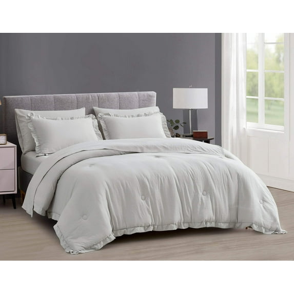 Chezmoi Collection Eleanora 7-Pieces Bed in a Bag Comforter Set with Sheets, Ruffled Edge Trim Double Brushed Microfiber Lightweight All Season Bedding Set, Queen, Light Gray