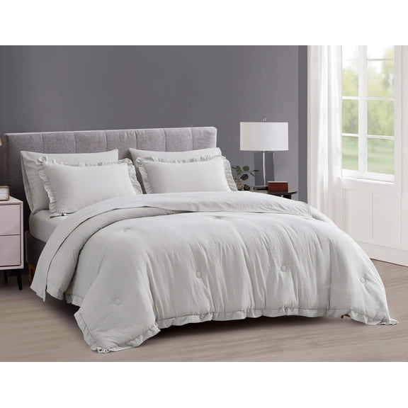Chezmoi Collection Eleanora 7-Pieces Bed in a Bag Comforter Set with Sheets, Ruffled Edge Trim Double Brushed Microfiber Lightweight All Season Bedding Set, Full, Light Gray