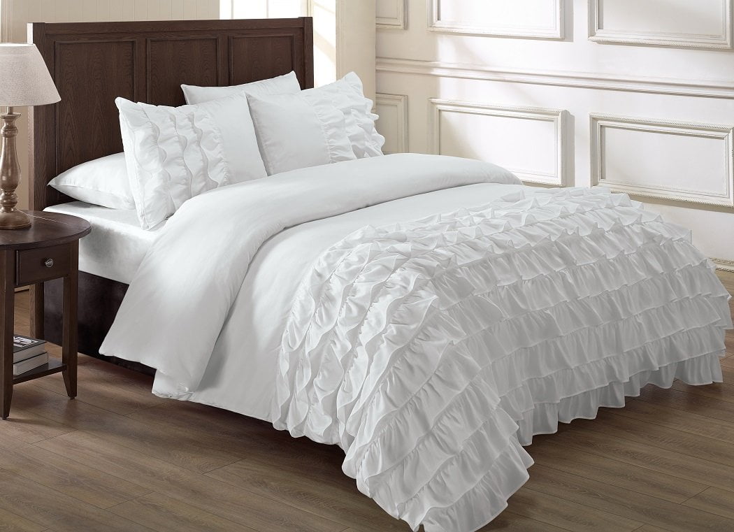 MOOWOO Waterfall Ruffle Duvet Cover Queen 3-Piece Set - Shabby Chic, Washed Microfiber, Zipper Closure - View #7