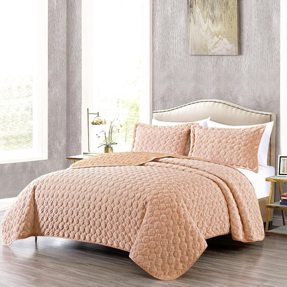 Chezmoi Collection Embossed Velvet Quilt Set Queen Size, Apricot Orange - Plush Lightweight Soft Octagon Stitched Velvet Bedding Set with 2 Pillow Shams for All Seasons Washed Microfiber Reverse