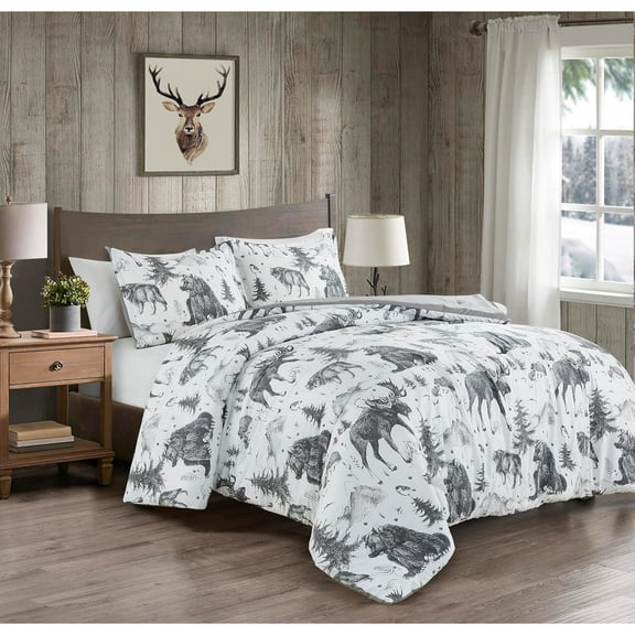 Chezmoi Collection Evans 3-Piece Southwestern Cabin Lodge Comforter Set, White Black Gray Grizzly Bear Wolves Moose Pine Tree Mountain Printed Microfiber Bedding, Queen