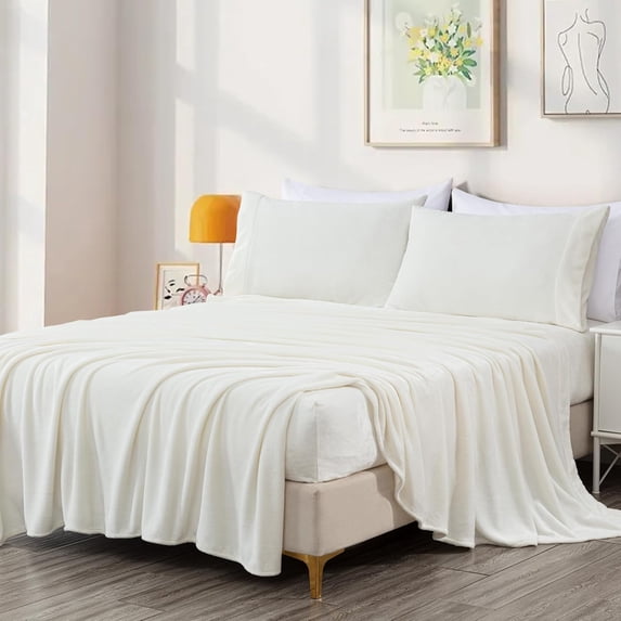 Chezmoi Collection Extra Soft Fleece Sheet Set California King, 4-Piece Microplush Non-Pilling Velvety Bed Sheet, Deep Pocket - Lightweight All Season Warmth, California King, Dove White