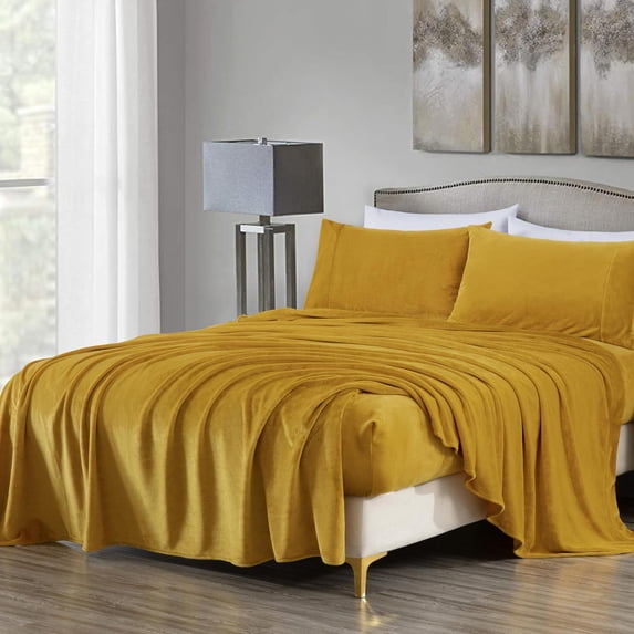 Chezmoi Collection Extra Soft Fleece Sheet Set California King, 4-Piece Microplush Non-Pilling Velvety Bed Sheet, Deep Pocket - Lightweight All Season Warmth, California King, Mustard