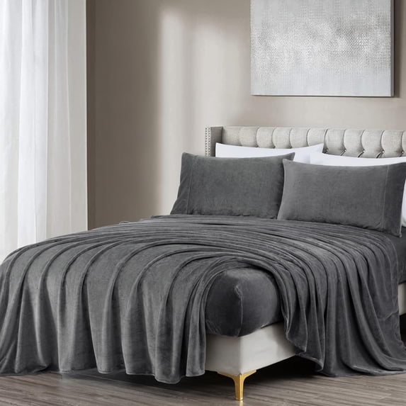 Chezmoi Collection Extra Soft Fleece Sheet Set Full, 4-Piece Microplush Non-Pilling Velvety Bed Sheet, Deep Pocket - Lightweight All Season Warmth, Full, Gray