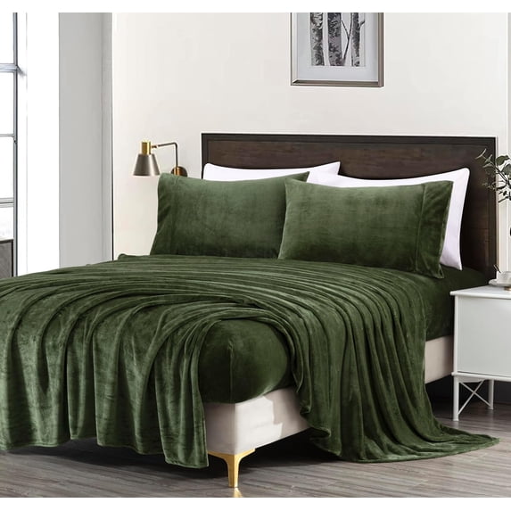 Chezmoi Collection Extra Soft Fleece Sheet Set King, 4-Piece Microplush Non-Pilling Velvety Bed Sheet, Deep Pocket - Lightweight All Season Warmth, King, Olive Green