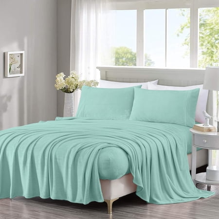 Chezmoi Collection Extra Soft Fleece Sheet Set Queen, 4-Piece Microplush Non-Pilling Velvety Bed Sheet, Deep Pocket - Lightweight All Season Warmth, Queen, Aqua