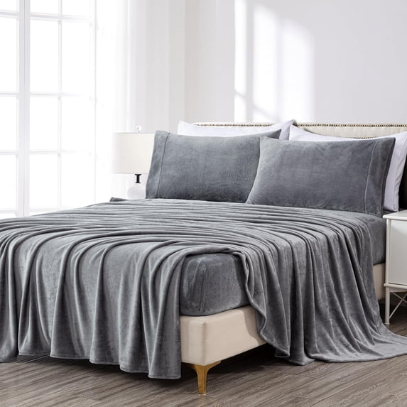 Chezmoi Collection Extra Soft Fleece Sheet Set Queen, 4-Piece Microplush Non-Pilling Velvety Bed Sheet, Deep Pocket - Lightweight All Season Warmth, Queen, Medium Gray