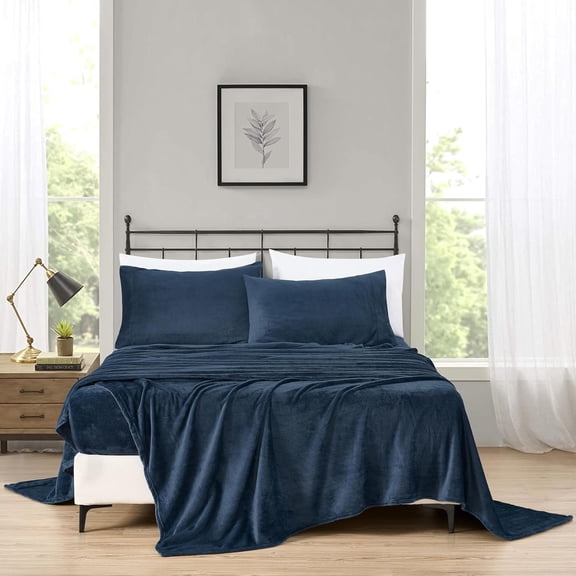 Chezmoi Collection Extra Soft Fleece Sheet Set Queen, 4-Piece Microplush Non-Pilling Velvety Bed Sheet, Deep Pocket - Lightweight All Season Warmth, Queen, Navy Blue