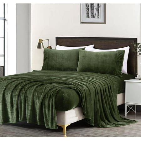 Chezmoi Collection Extra Soft Fleece Sheet Set Queen, 4-Piece Microplush Non-Pilling Velvety Bed Sheet, Deep Pocket - Lightweight All Season Warmth, Queen, Olive Green