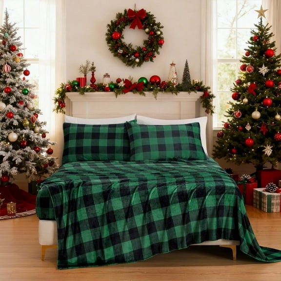 Chezmoi Collection Extra Soft Fleece Sheet Set Queen, 4-Piece Microplush Non-Pilling Velvety Bed Sheet, Deep Pocket - Lightweight All Season Warmth, Queen, Plaid Green
