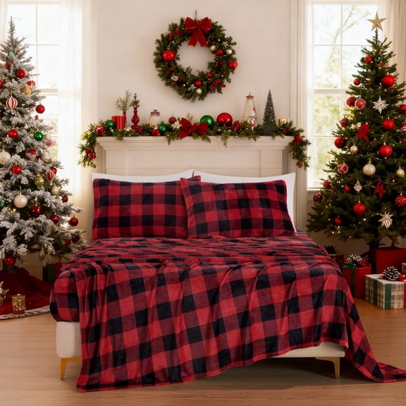 Chezmoi Collection Extra Soft Fleece Sheet Set Queen, 4-Piece Microplush Non-Pilling Velvety Bed Sheet, Deep Pocket - Lightweight All Season Warmth, Queen, Plaid Red
