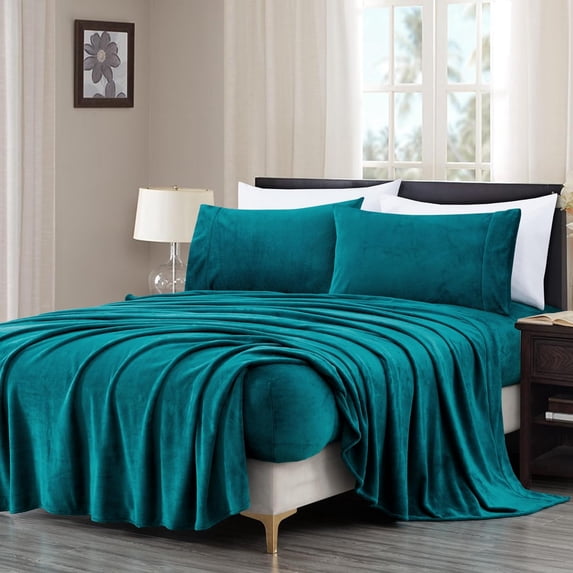Chezmoi Collection Extra Soft Fleece Sheet Set Queen, 4-Piece Microplush Non-Pilling Velvety Bed Sheet, Deep Pocket - Lightweight All Season Warmth, Queen, Teal