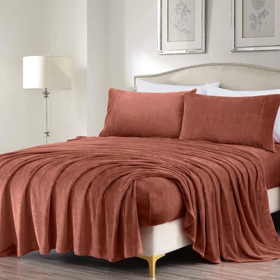 Chezmoi Collection Extra Soft Fleece Sheet Set Queen, 4-Piece Microplush Non-Pilling Velvety Bed Sheet, Deep Pocket - Lightweight All Season Warmth, Queen, Terracotta