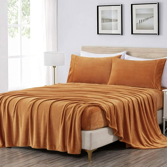 Chezmoi Collection Extra Soft Fleece Sheet Set Queen, 4-Piece Microplush Non-Pilling Velvety Bed Sheet, Deep Pocket - Lightweight All Season Warmth, Queen, Marigold
