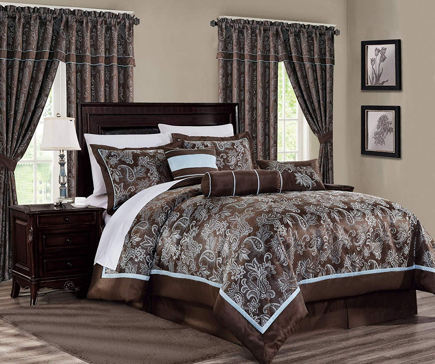 Queen Size Brown and Blue Jacquard Floral Comforter Set