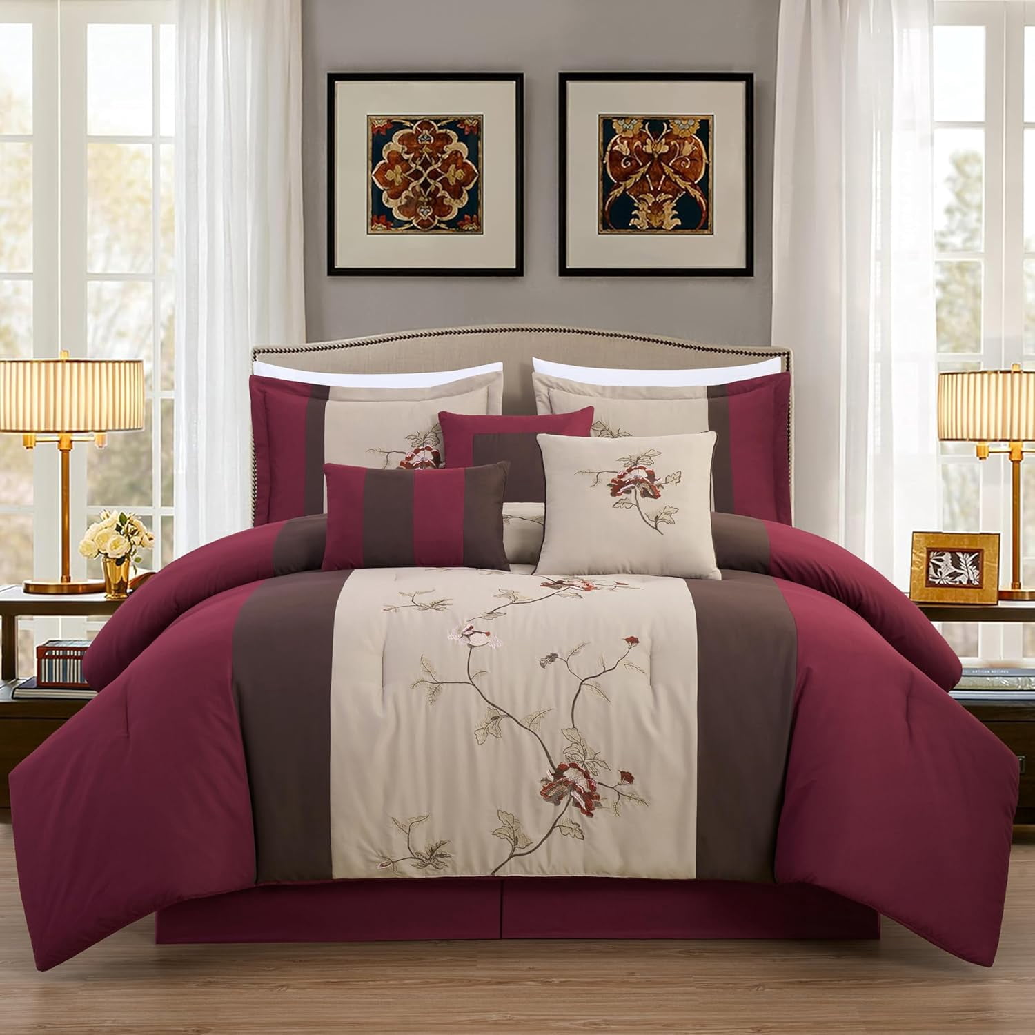 Chezmoi Collection Floral 7 Piece Comforter Sets, Full with Shams, Bed Skirt, Cushions, Breakfast Pillow