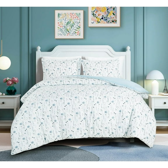 Chezmoi Collection Fran 3-Piece Boho Floral Comforter Set, Queen, Blue White Poppy Flower Printed Microfiber Lightweight Bedding Set